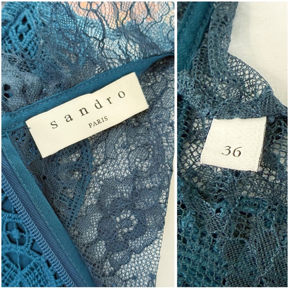 SANDRO BARTSIE TEAL LACE SHEER LONG SLEEVE MIDI DRESS - Picture 10 of 17